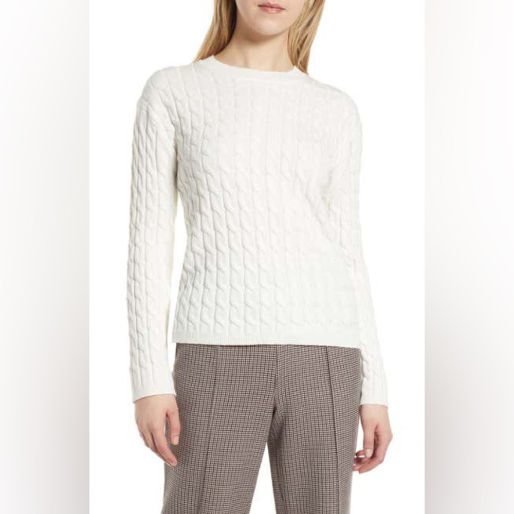 Nordstrom Organic Cotton & Merino Wool Cable Crewneck in Ivory